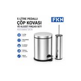 FKN 5 Litre Pedallı Çöp Kovası ve Klozet Fırçası Seti Paslanmaz Çelik İç Kovalı Banyo Tuvalet WC Çöp Kutusu
