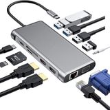 Flagen 12 In 1 Çevirici Hub Gigabit Ethernet Çift HDMI Girişi VGA Audio Sd/tf Kart 4 USB Portlu Macbook Dönüştürücü Pd Şarj Destekli