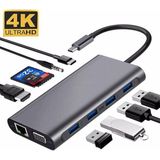 Flagen Macbook Uyumlu Type-C'den 4x USB 3.0 4K 1080P Hd HDMI VGA 1000 Mbps Gigabit RJ45 Pd Şarj Aux Ses Sd Tf Kart Destekli 11 In 1 Çevirici Hub Adaptör