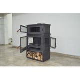 Flame Stove FS-045YKST Retro Lux Dık 3 Camlı Yan Kapaklı Odunluklu Kuzineli Döküm Soba