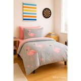Flamingo Desenli Pamuklu Tek Kişilik Nevresim Takımı - Pembe - Gri - 160 x 200 cm