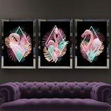 Flamingo Temalı Aynalı Çerçeveli 3 lü Kanvas Tablo Seti 150x70 cm SETS0044