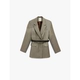 Flanel Kumaş Cepli Uzun Kollu Kemerli Blazer Ceket