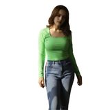 Flare Kadın Kare Yaka Uzun Kollu Crop Top -%95 Pamuklu Esnek Penye Bluz - Dar Kesim Basic Günlük Üst Giyim