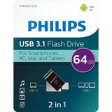 Flash Bellek 64 Gb Mini Usb Ve Type-C 3.1 Philips Gece Siyahı