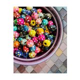 Flea Market 10mm Karışık Renkli Çiçek Puantiye Desenli Ahşap,tahta Boncuk (25gr,~75 Adet) BNCK-605
