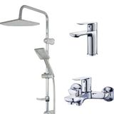 Fleko 3'lü Modern Banyo Seti, Robot Duş Başlığı, Lavabo ve Banyo Bataryası, Siyah Krom (Krom hawai fleko 3 lü set)