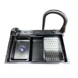 Fleko Antrasit Yağmurlama Ankastre Evye + Armatür+kesme Tahtası+2 Tepsi Seti 75x45x20cm Bıçaklık Bölmeli
