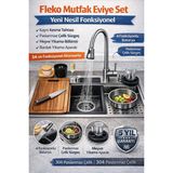 FLEKO Yeni Nesil Yağmurlamalı Teknolojik Evye+Armatür+Kesme Tahtası+2 tepsi Seti 304 Antrasit Paslanmaz Çelik