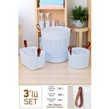 Flex 3Lü Banyo Seti Deri Desenli Kulplu Lüx Banyo Mutfak Organizeri Çamaşır Sepeti Düzenleyici Beyaz