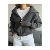 FLEX FASHION kadın esnek örgü fermuarlı devrik yaka yumoş triko hırka füme
