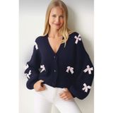 FLEX FASHION Kadın Oversize Fiyonk Detaylı kurdaleli yumoş Triko Hırka LACİVERT