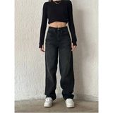 Flexifit Aden Baggy Koyu Mavi Yıkamalı Toka Detaylı Bol Kesim Geniş Paça Rahat Jean Kot Salaş Kadın Pantolon Mevsimlik Salaş Günlük - Siyah - 30