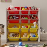 Flinder 12 Sepetli Çok Amaçlı Oyuncak Dolabı Montessori Dolap - Sarı - Kırmızı