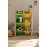 Flinder 6 Sepetli Yeşil ve Sarı Oyuncak Dolabı, Çok Amaçlı Dolap, Montessori Dolap