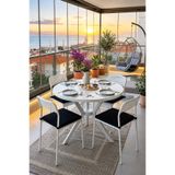 Flinder Beyaz 4 Kişilik Minderli Balkon Takımı, Balkon Masası, Balkon Sandalyesi, Yuvarlak Masa, Yemek Masası, Mutfak Masa Sandalye Takımı, 4 Sandalye 1 Masa