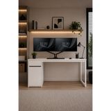 Flinder Beyaz Çekmeceli Kapaklı 120 Cm Çalışma Masası, Bilgisayar Masası, Ofis Masası, Metal Ayaklı, Raflı, Kesonlu