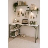 Flinder Beyaz/Yeşil L Masa, Kitaplıklı, Raflı, 120 Cm Çalışma Masası, Bilgisayar, Pc, Oyuncu, Gaming Masası Metal Ayaklı