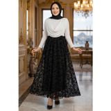 Flok Baskılı Astarlı Çiçek Desenli Tül Etek Siyah HM2902