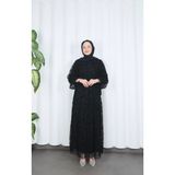 Flok Baskılı Astarlı Kuşaklı Tül Elbise Siyah HNT8565 - 42