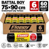 Floppy Battal Boy Çöp Torbası 75X90 cm 300 gr Siyah Kalın Endüstriyel Çöp Poşeti 6 Rulo 60 Adet