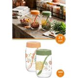 Flora 2'li Kaşıklı Cam Tuz Biber Seti, Çiçek Desenli Tuz Biber Nane Kekik Kavanozu Baharatlık 2X370CC - Şeffaf - 370 ml