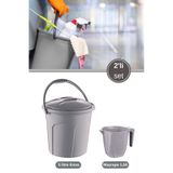 Flora 2’li Temizlik Kova Seti, Kapaklı Kulplu Plastik Su Kovası 5 litre + Maşrapa 1,5 litre 2’li Set Gri