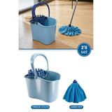 Flora 2’li Temizlik Seti Mavi, Sıkmalı Temizlik Yer Silme Kovası + Süper Emici Mikrofiber Mega Mop