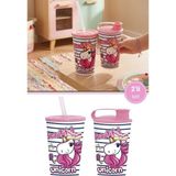 Flora 2'li Unicorn Çocuk Meşrubat Bardak Seti, Pipetli Kapaklı Su Süt Meyve Suyu Bardağı 330 ml 2’li Set - Adet - Pembe