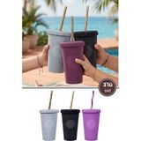 Flora 3 Adet Pipetli Kapaklı Opak Bardak 660 Ml, Smoothie Meşrubat Içecek Bardağı Mor-Gri-Siyah 3’lü Set - Renkli