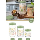 Flora 3’lü Desenli Cam Baharatlık Seti, Kapaklı Çay Şeker Kahve Baharat Saklama Kabı (1000+660+425ML) - Şeffaf - 1 lt