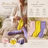 Flora Feet Fırfırlı Papatya Nakışlı Kadın Çorap, Pembe, Sarı, Mor, Pamuk Karışımı, 3'lü Set