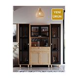 Floradesign Ambiyans Kahve Köşesi Dolabı | Led Aydınlatmalı Dolap | Temperli Karartma Cam Ve Jüt Kumaş Mdf Kapak Meşe