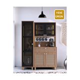 FLORADESİGN Ambiyans Kahve Köşesi Dolabı | Led Aydınlatmalı Dolap | Temperli Karartma Cam ve Jüt Kumaş MDF Kapak