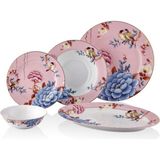Floral Pink Porselen 27 Parça 6 Kişilik Kayık Tabaklı Yemek Takımı