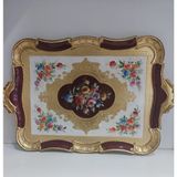 Floransa Sanat El Yapımı Ahşap Dikdörtgen Tepsi, Gold Yaprak ve Bordo, Çiçek Desenli, 55x36 cm