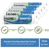 Florex Standart Orta Boy Siyah Çöp Poşeti x 5 Rulo - 55 x 60 cm