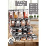 Florit 32'li 64 Parça Kapaklı Kare Erzak Saklama Kabı Seti 8x(0,3 LT-0,5 LT-1,1 LT-1,7 LT)Baharatlık