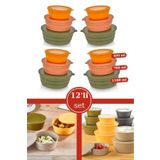 Flosoft 12 Adet Kapaklı Erzak Saklama Kabı, Kase Çerezlik Kahvaltılık 3 Boy 12’li Set 4x(400ml,700ml,1100ml)