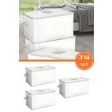 Flosoft 3 Adet Yorgan Yastık Saklama Hurcu, İpli Baskılı Çok Amaçlı Sandık Tipi Hurç 3'lü Set 75X45X45 cm