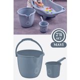 Flosoft Bebek Banyo Su Kovası ve Maşrapası 2’li Set, Saplı Oluklu Kova 13LT ve Maşrapa 1,5lt Mavi