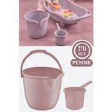 Flosoft Bebek Banyo Su Kovası ve Maşrapası Seti Saplı Oluklu Kova 13 lt ve Maşrapa 1,5 lt 2’li Set - Pembe