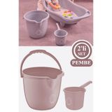 Flosoft Bebek Banyo Su Kovası Ve Maşrapası Seti, Saplı Oluklu Kova 13lt Ve Maşrapa 1,5lt 2 Li Set Pembe