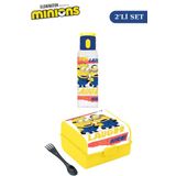 Flosoft Lisanslı Minions Düğmeli Matara ve Beslenme Kutusu, 3 Bölmeli Okul Kabı ve Suluğu 2’li Set