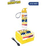 Flosoft Lisanslı Minions Matara ve Beslenme Kutusu, 3 Bölmeli Okul Beslenme Kabı ve Suluğu 2’li Set - Sarı - 2'li Set - 500ml