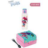 Flosoft Lisanslı Trolls Düğmeli Matara ve Beslenme Kutusu, 3 Bölmeli Okul Kabı ve Suluğu 2’li Set