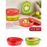 Flosoft Meyve Desenli Saklama Kabı, Kahvaltılık Kuruyemiş Kurabiye Börek Saklama Kutusu 2 Adet 800ML - Kırmızı - Yeşil - Hacim