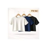 FlosTeel 3 Adet Kadın Özel OYSHO Kumaş Oversize Kalıp Bisiklet Yaka Crop T-Shirt