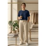 FlosTeel Kadın Lacivert Özel OYSHO Kumaş Oversize Kalıp Bisiklet Yaka Lacivert Crop T-Shirt