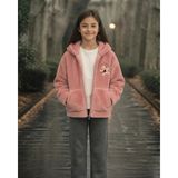Flower Kız Çocuk Çiçek Nakışlı Pembe Peluş Kapüşonlu Hırka Kışlık - 8 Yaş